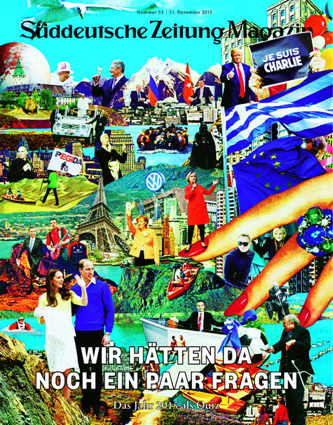 Eine bunte Collage der Weltereignisse des Jahres 2015 mit deutschem Text und verschiedenen Figuren aus Politik und Popkultur.