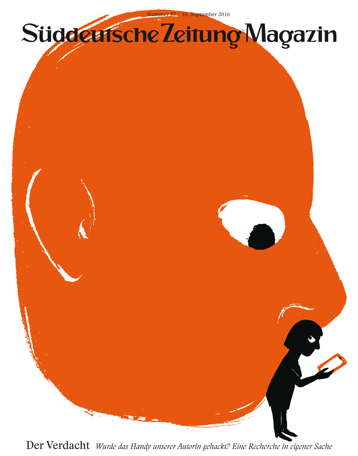 Illustration eines großen orangefarbenen Kopfes, der eine kleine schwarze Figur beobachtet, die ein Smartphone hält.