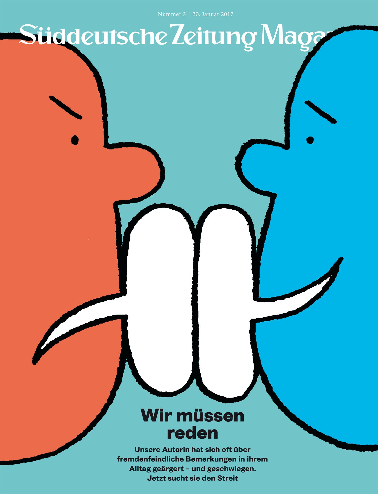 Zwei Zeichentrickgesichter, orange und blau, stehen sich gegenüber, mit gekreuzten Zungen wie Schwerter zwischen ihnen.