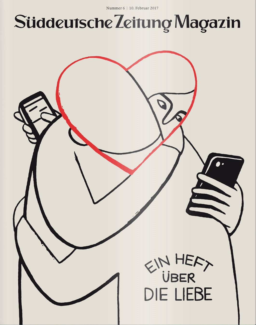 Zwei Menschen umarmen sich, während sie auf ihre Telefone schauen, mit einem roten Herz um ihre sich umarmenden Köpfe herum.