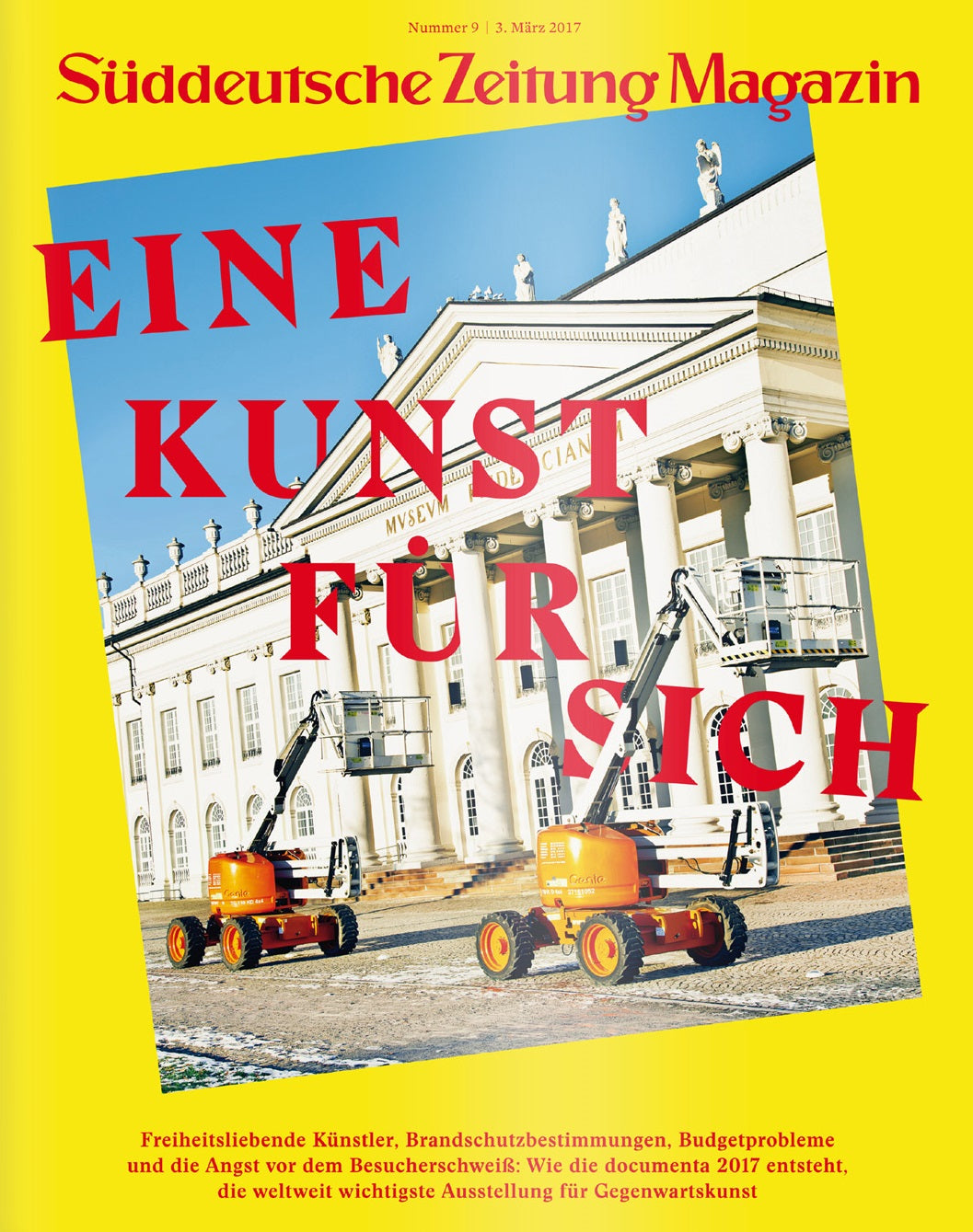 Zwei Kirschpflücker vor einem großen Museumsgebäude mit fettgedruckter roter deutscher Schrift überlagert.