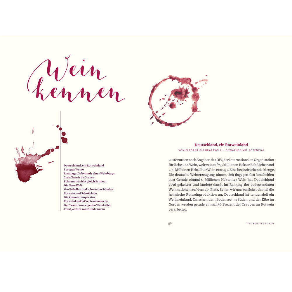 Weiße Seite mit Rotweinflecken, handschriftlichem „Wein kennen“ und deutschem Weintext auf der rechten Seite.