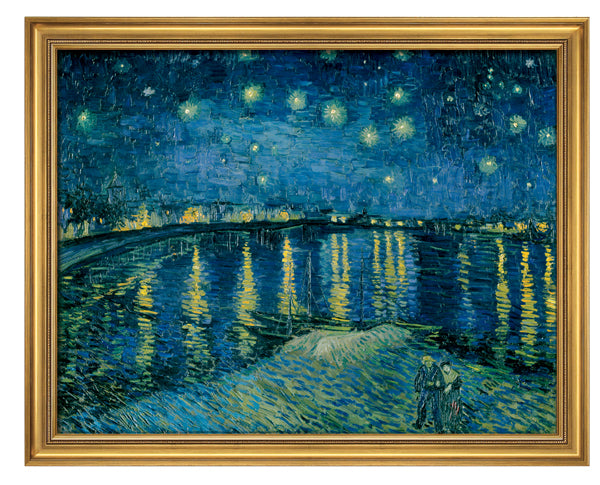Ein gerahmtes Gemälde eines sternenklaren Nachthimmels über einem Fluss mit Spiegelungen und zwei am Wasser stehenden Figuren.