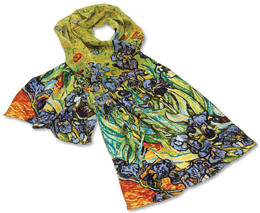 Ein Schal mit einem farbenfrohen Blumenmuster, inspiriert von Van Goghs Schwertliliengemälde.