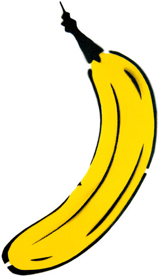 Illustration einer leuchtend gelben Banane mit schwarzen Akzenten und Details auf weißem Hintergrund.