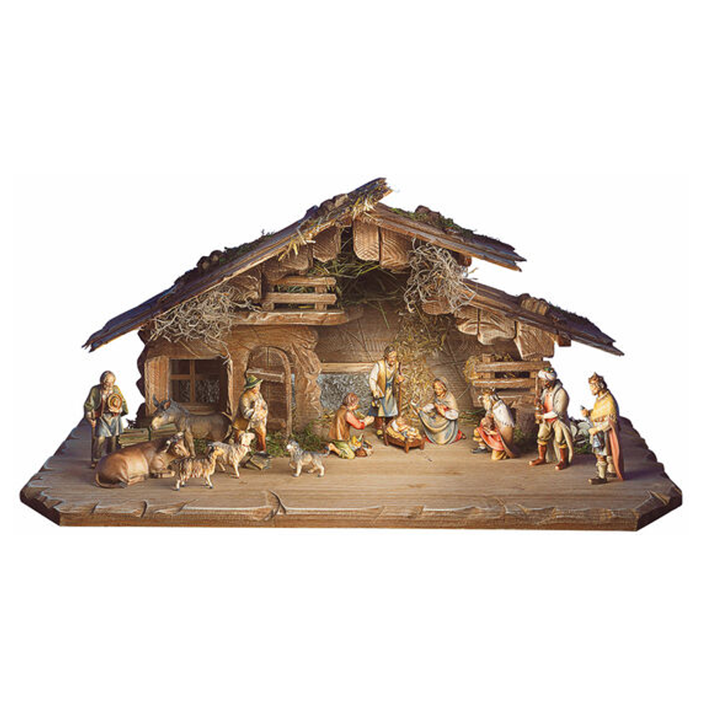 Weihnachtskrippe mit Figuren von Maria, Josef, dem Jesuskind, Tieren, Hirten und Heiligen Drei Königen in einem Holzstall.
