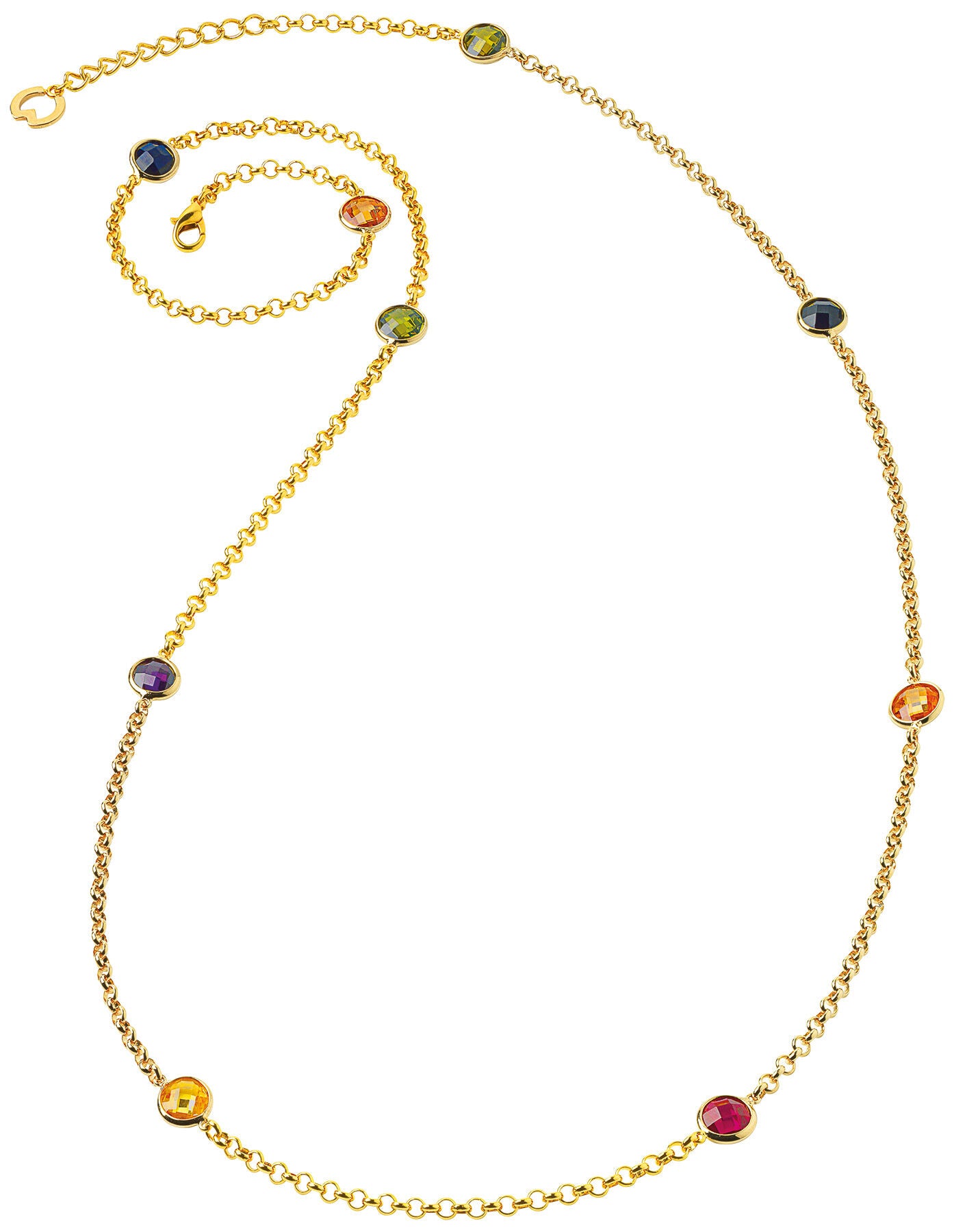 Goldene Halskette mit bunten, runden Edelsteinen, die gleichmäßig über die Länge verteilt und spiralförmig angeordnet sind.
