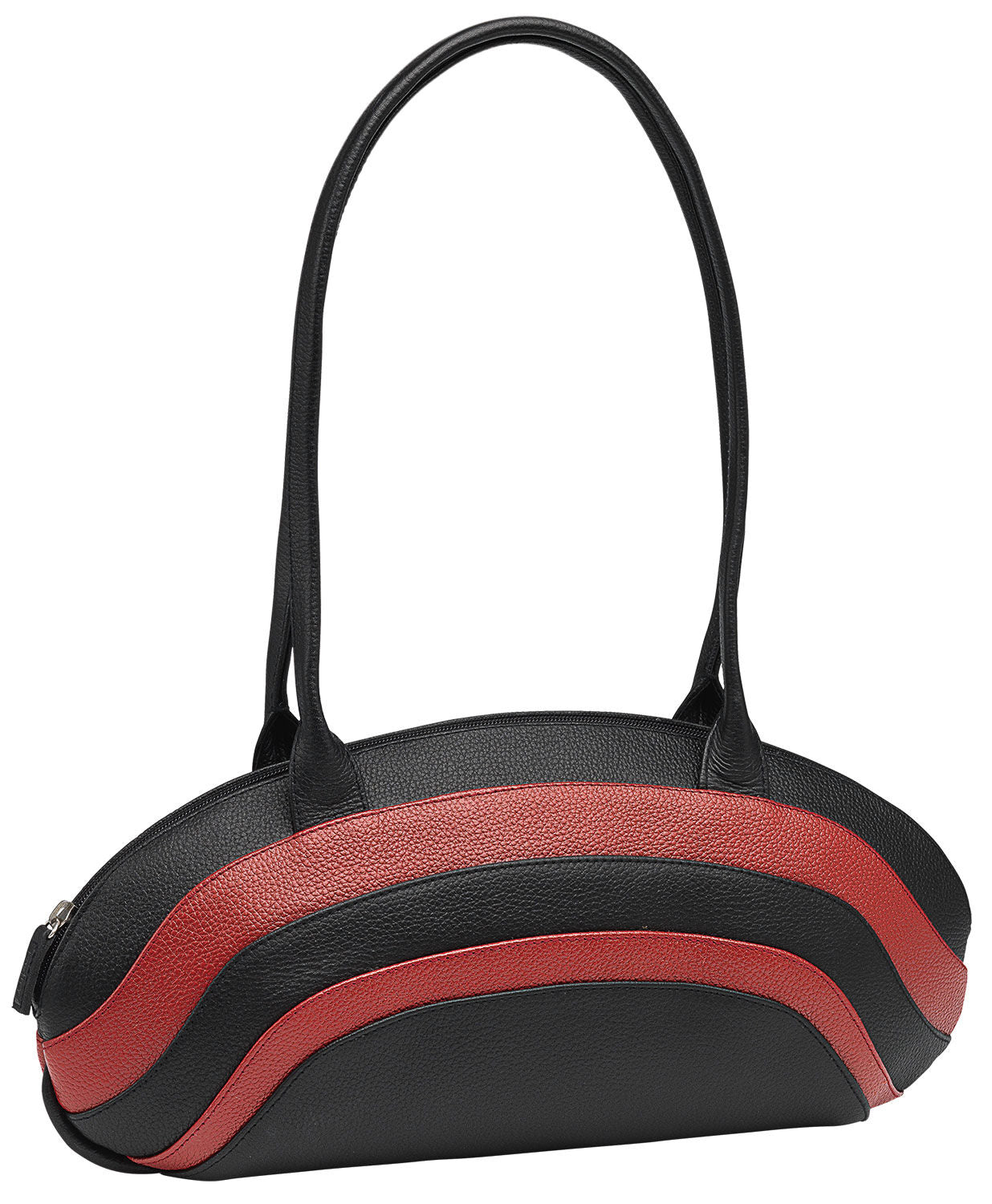 Schwarze Handtasche mit langen Griffen und geschwungenen roten Streifen auf der Vorderseite, isoliert auf weißem Hintergrund.
