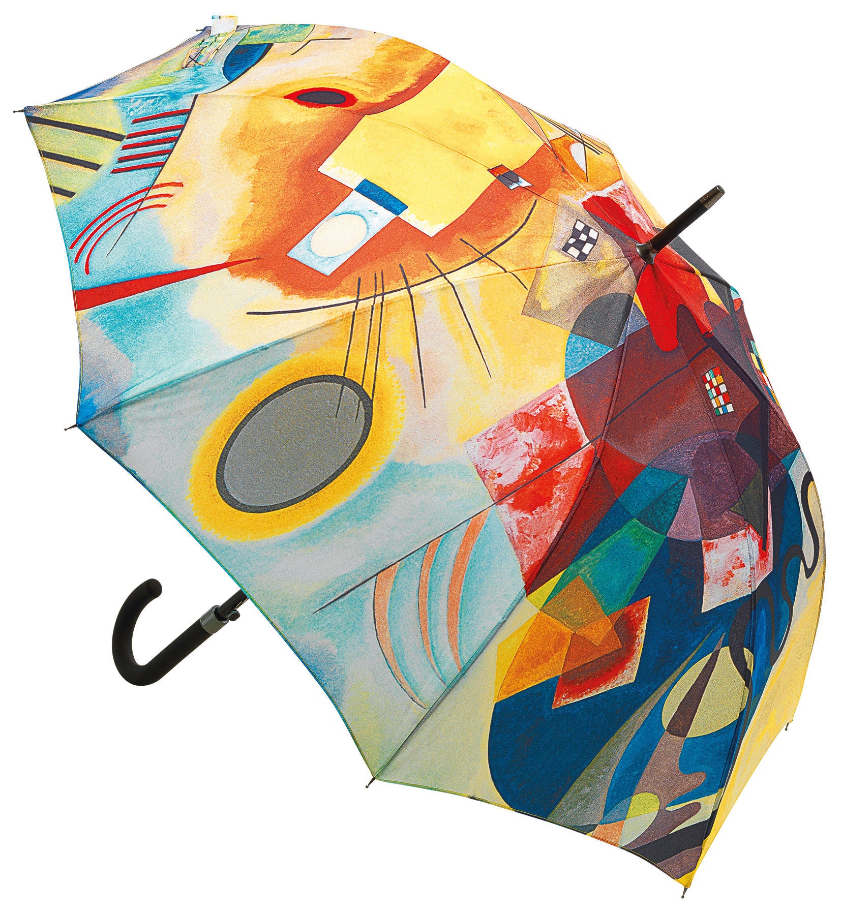 Bunter Regenschirm mit abstraktem Muster, geometrischen Formen und kräftigen Pinselstrichen in Rot, Gelb und Blau.