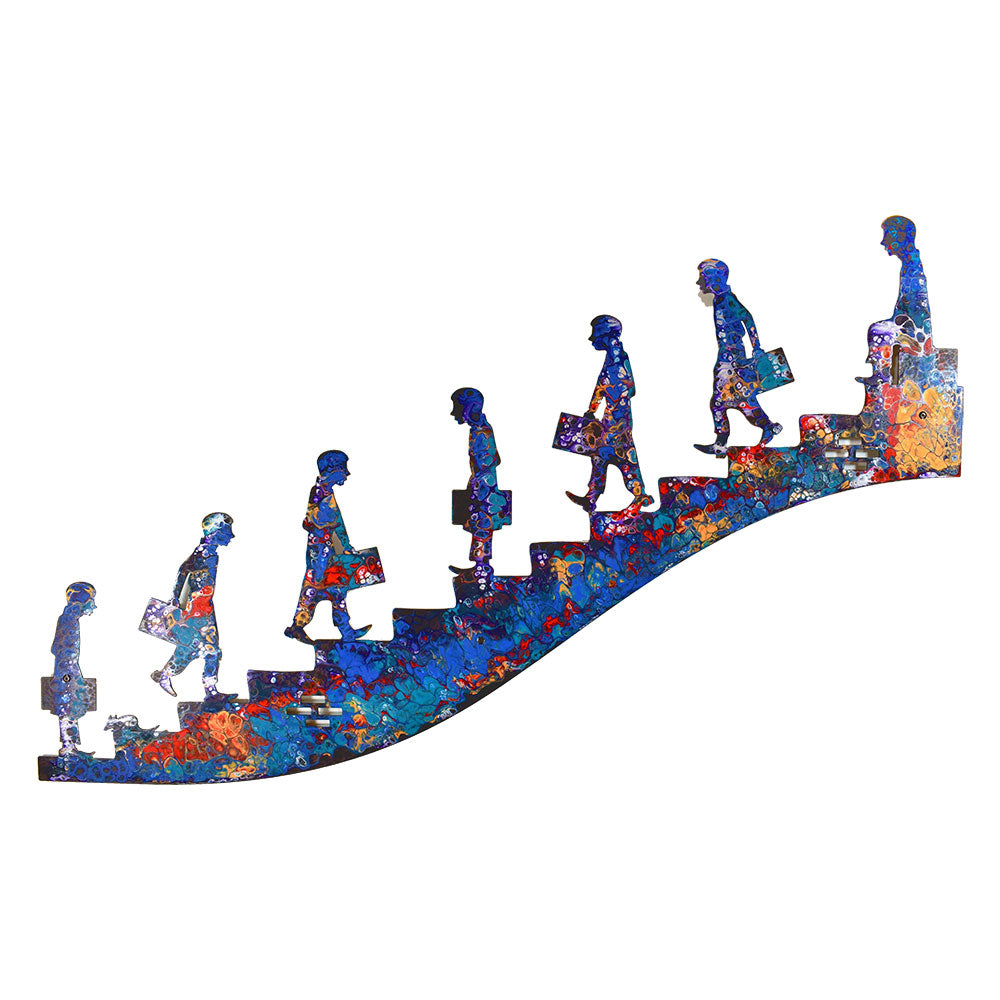 Kunstwerk mit blauen menschlichen Figuren mit Aktentaschen, die Stufen hinaufsteigen und Wachstum oder beruflichen Aufstieg symbolisieren.