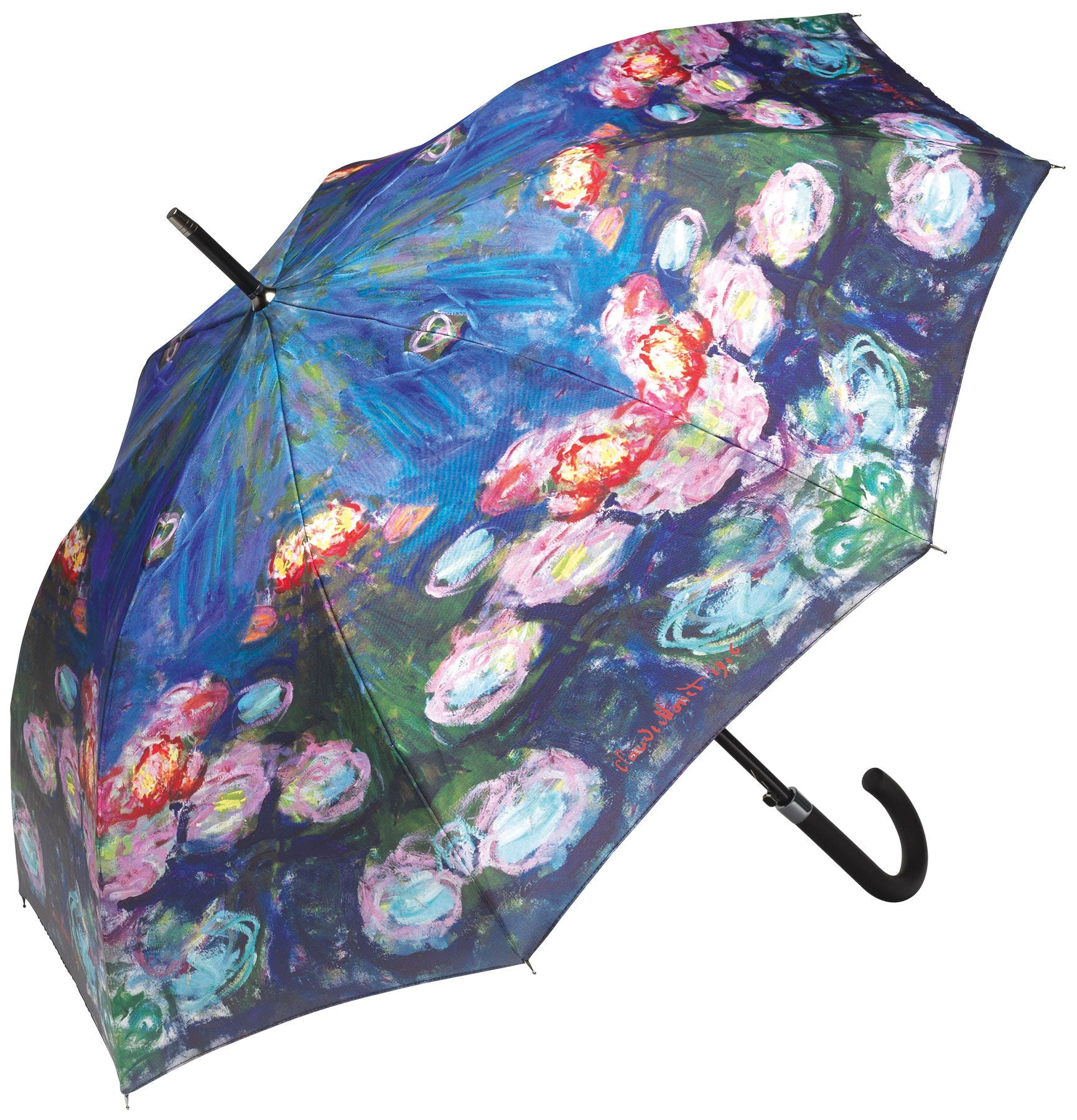 Farbenfroher Regenschirm mit einem von Monet inspirierten Seerosengemälde auf dem Schirm und einem schwarzen, gebogenen Griff.