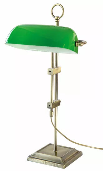 Die Jugendstil-Leuchte / Bankerlampe „Emeralite“ verfügt über einen Messingsockel, einen grünen Glasschirm und eine praktische Zugkette auf einem quadratischen Metallsockel.