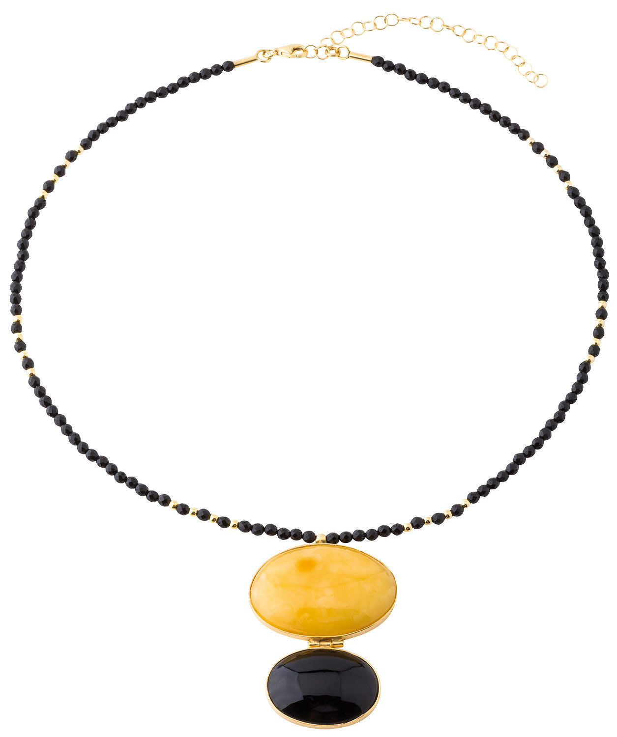 Halskette aus goldenen und schwarzen Perlen mit einem ovalen gelben und schwarzen Anhänger.