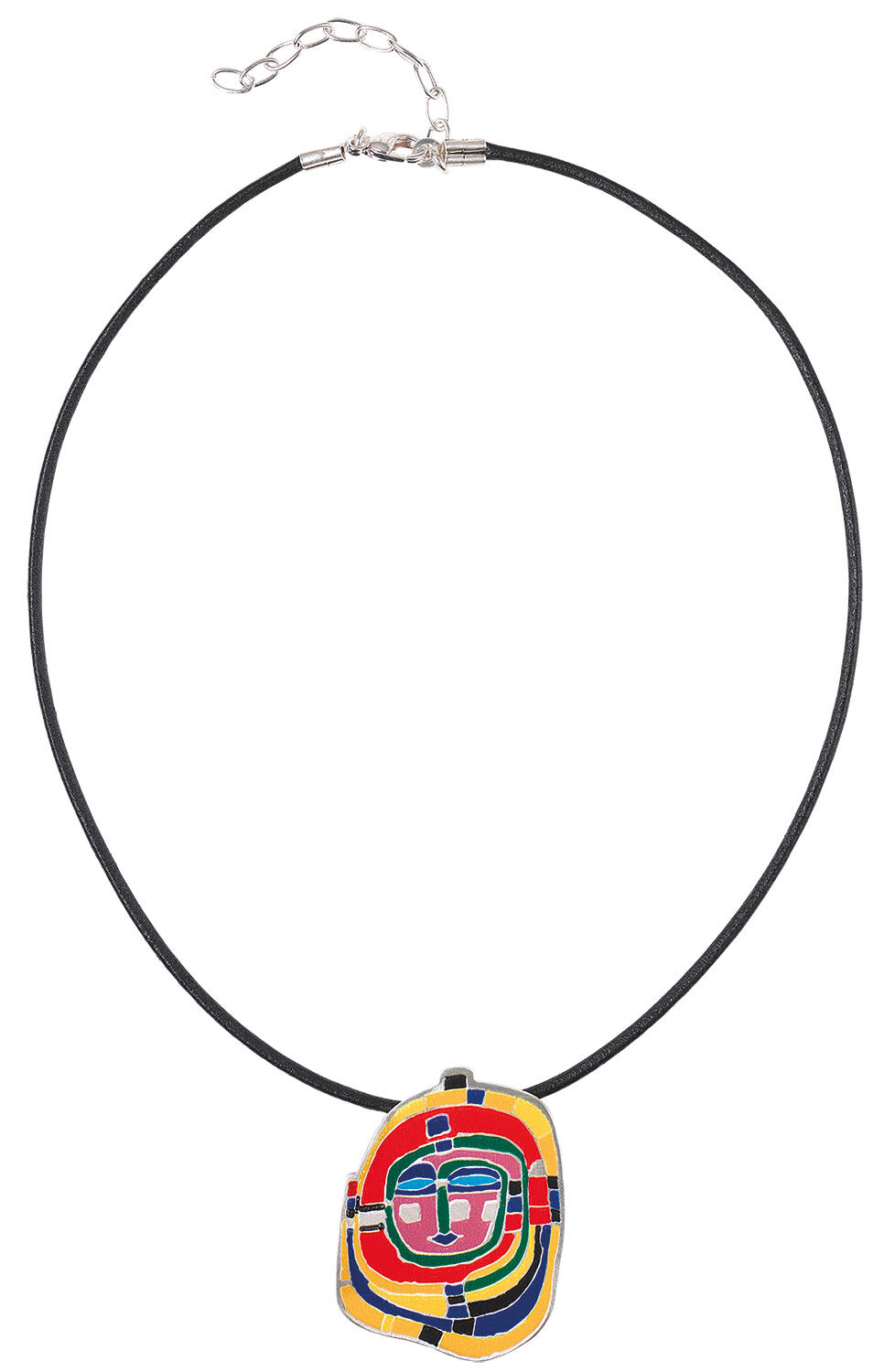 Schwarze Kordelkette mit einem farbenfrohen abstrakten Anhänger in Rot-, Gelb-, Grün- und Blautönen.