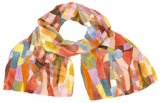 Farbenfroher Schal mit abstrakten, mehrfarbigen geometrischen Mustern in Rot-, Orange-, Lila-, Blau- und Grüntönen.