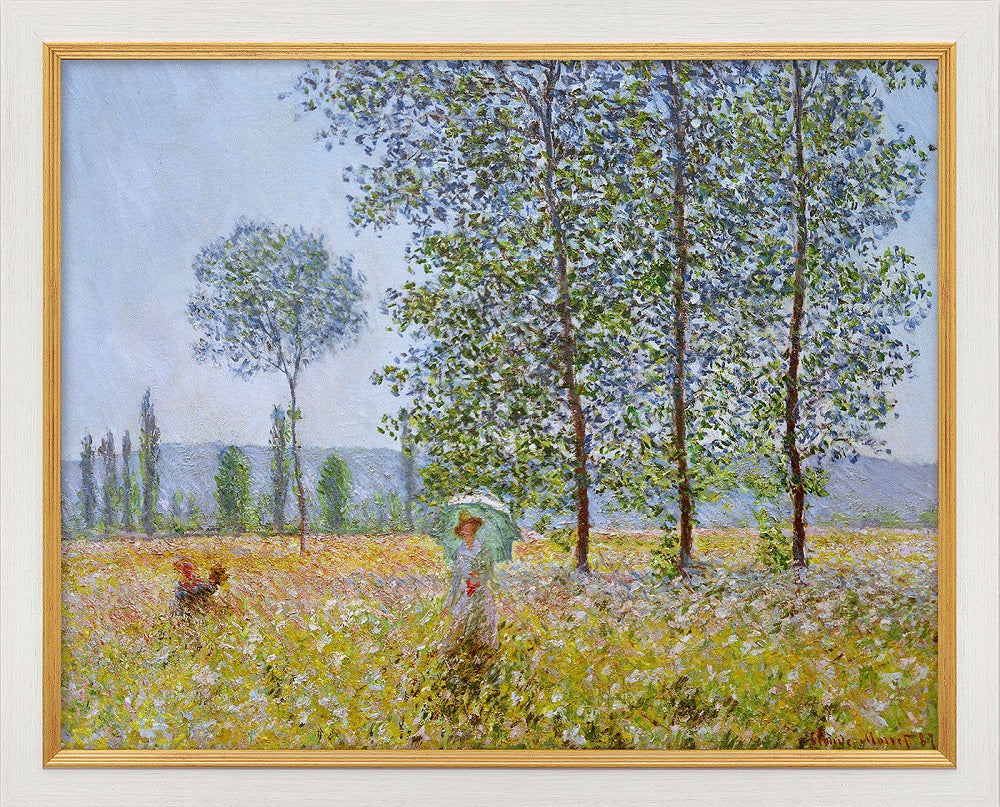 Impressionistisches Gemälde einer Frau mit Regenschirm auf einer sonnigen, blumenreichen Wiese mit hohen Bäumen.