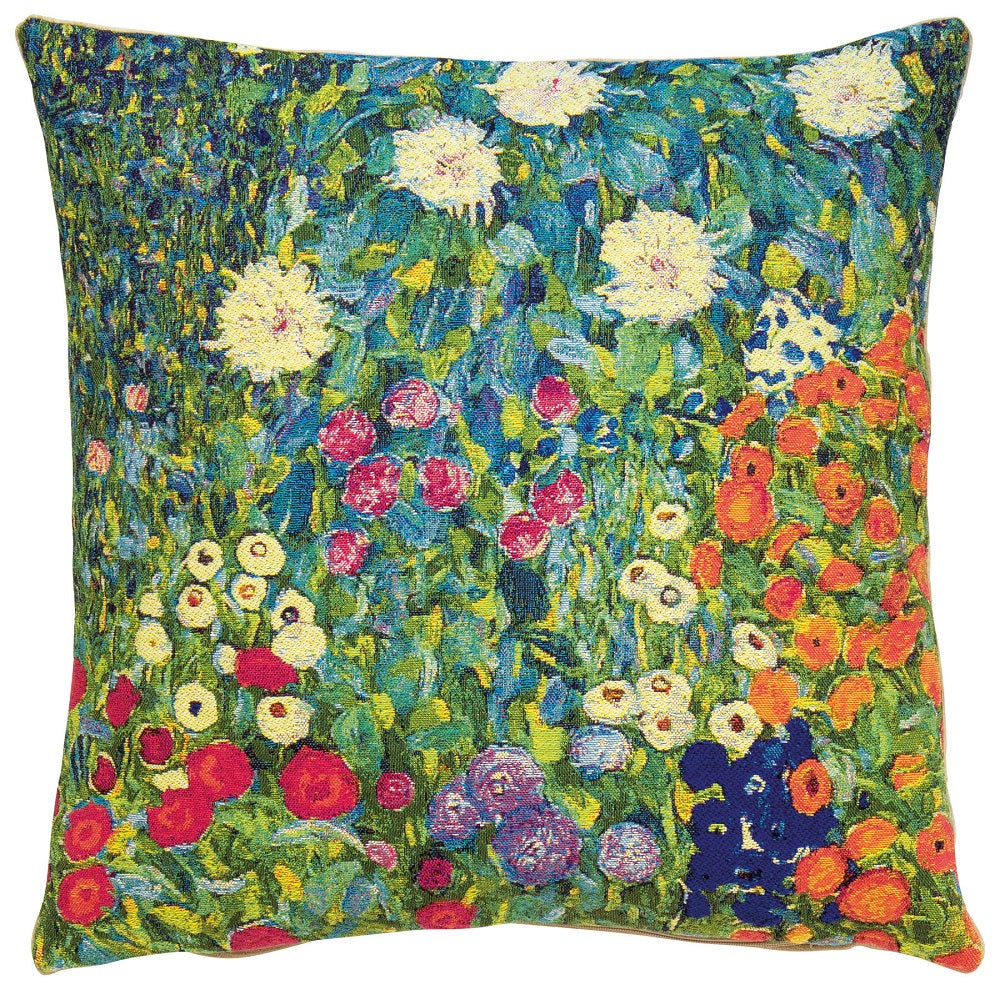 Quadratisches Kissen mit einem farbenfrohen Blumenmuster, inspiriert von einem lebendigen Garten mit roten, weißen und gelben Blumen.
