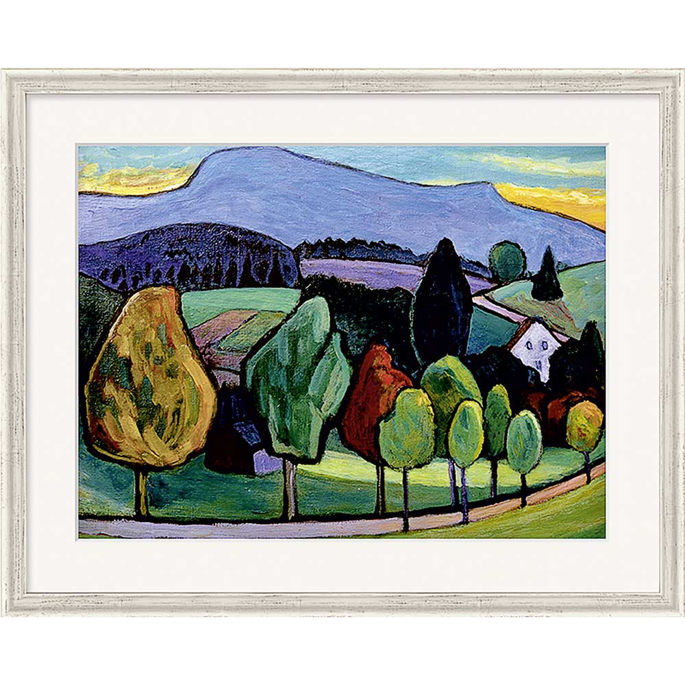 Farbenfrohes Landschaftsgemälde mit Bäumen, einem Haus, Feldern und Bergen im Hintergrund, weiß gerahmt.