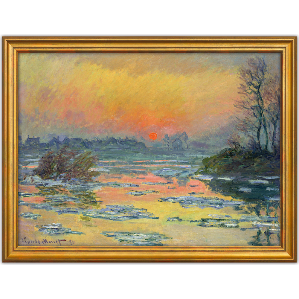Impressionistisches Gemälde eines Sonnenuntergangs über einem eisigen Fluss mit orangefarbenem Himmel und Bäumen am rechten Ufer.