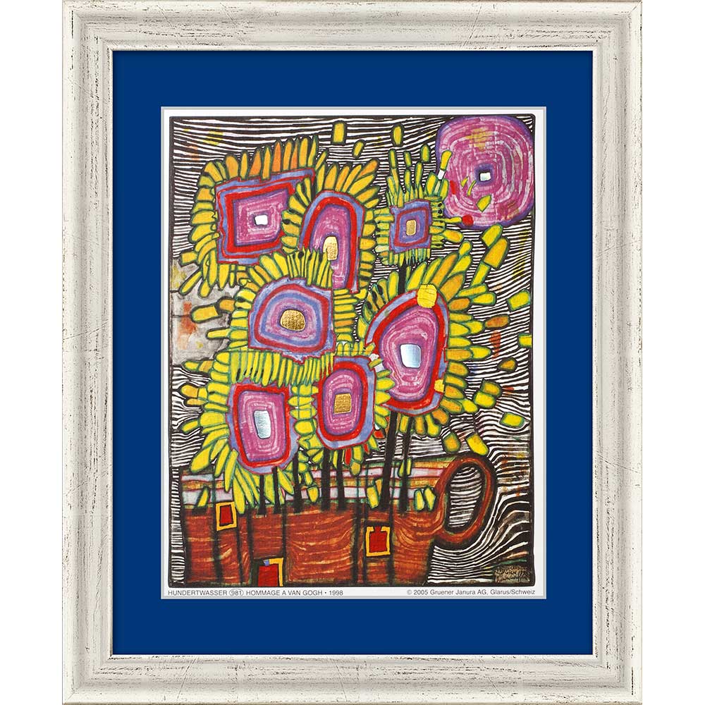 Farbenfrohes, abstraktes Sonnenblumengemälde in einem weißen Rahmen mit blauer Matte, inspiriert vom Stil Van Goghs.