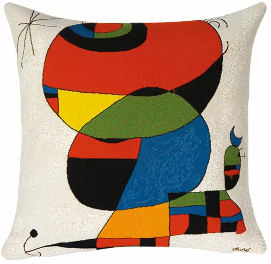Farbenfroher geometrischer Kissenbezug inspiriert von Joan Miró: Die Kissenhülle „Frau, Vogel, Stern – Extrakt Nr. 1“ zeigt abstrakte Formen und Linien auf weißem Hintergrund.