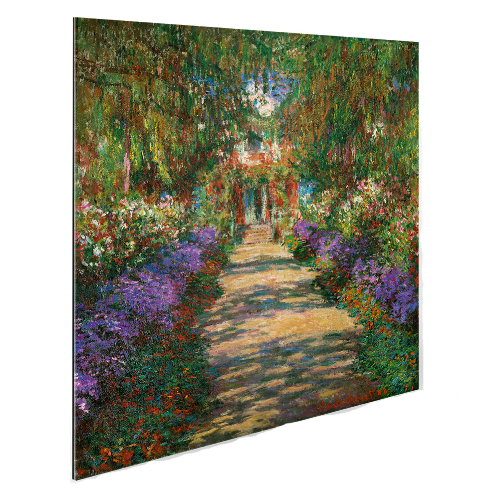 Impressionistisches Gemälde eines Gartenwegs, gesäumt von violetten Blumen und Bäumen, durch dessen Blätter Sonnenlicht fällt.