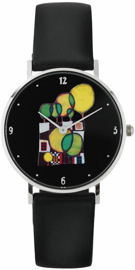Schwarze Armbanduhr mit einem farbenfrohen abstrakten Design auf dem Zifferblatt, das Kreise und geometrische Formen aufweist.