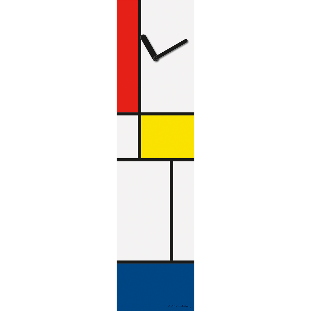 Hohe Uhr mit farbigen Blöcken im Mondrian-Stil in Rot, Gelb, Blau, Schwarz und Weiß, mit schwarzen Uhrzeigern.