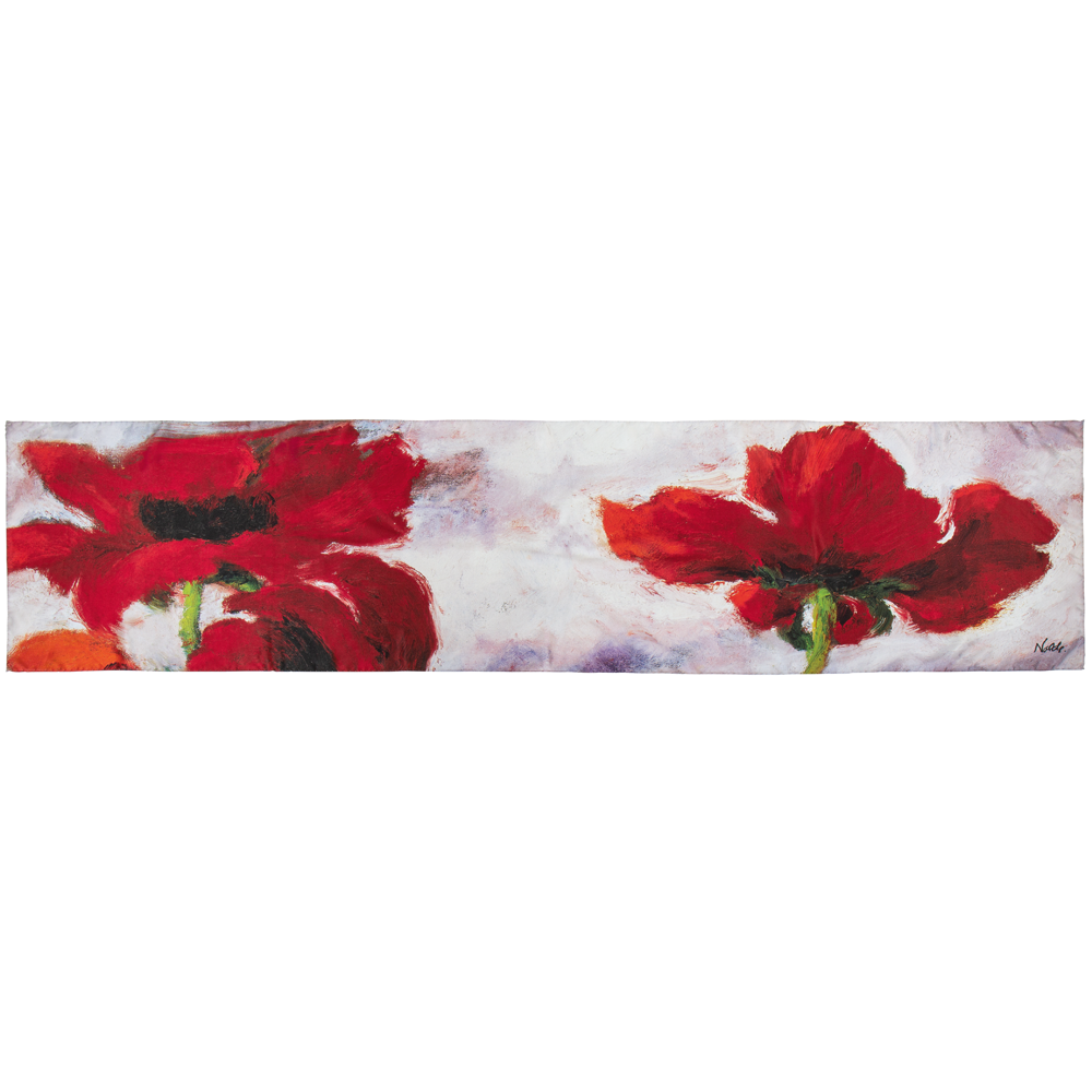 Zwei große rote Blüten mit dunkler Mitte auf einem weißen und hellen strukturierten Hintergrund.