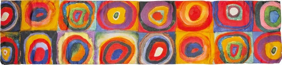 Farbenfrohes rechteckiges Kunstwerk aus konzentrischen Kreisen in Quadraten, jedes mit unterschiedlichen leuchtenden Farben und Mustern.