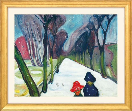 Zwei Figuren gehen in einem verschneiten, von Bäumen gesäumten Park unter einem wirbelnden Himmel spazieren, gemalt in einem ausdrucksstarken Stil.