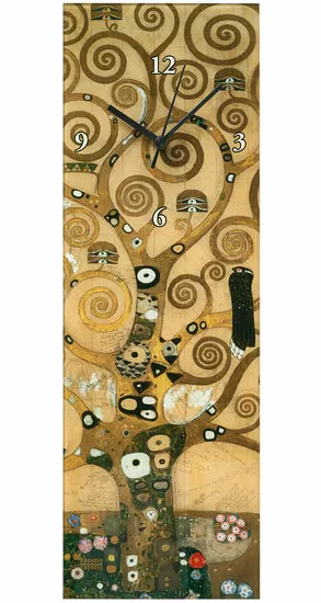 Rechteckige Wanduhr, Gustav Klimt: Wanduhr „Lebensbaum“, mit kunstvollem, goldenem Wirbelbaumdesign und schwarzen Zeigern auf 12:17 Uhr.