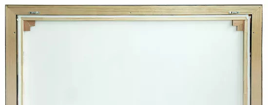 Die Rückseite des gerahmten Kunstwerks „Bis wohin?“ (2021) von Robert Hettich zeigt eine leere Leinwand mit Holzrahmen und Eckstützen in der Draufsicht.