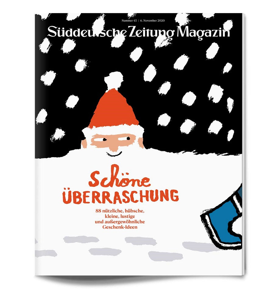 Titelbild mit einem Cartoon-Weihnachtsmann, der über den Schnee blickt, großen fallenden Schneeflocken und deutschem Text in Rot und Orange.