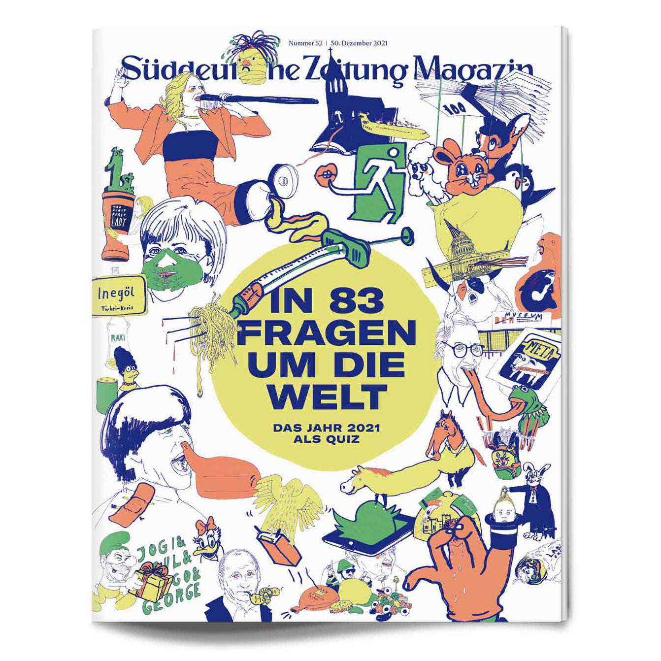 Bunt illustrierter Umschlag des Süddeutsche Zeitung Magazins mit In 83 Fragen um die Welt in Fettschrift.