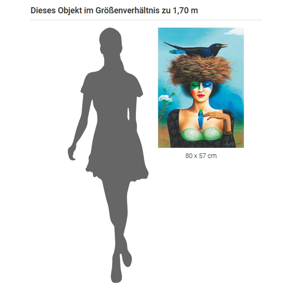 Silhouette einer Frau neben einem farbenfrohen Porträtgemälde, Größenvergleich; Gemälde ist 80 x 57 cm groß.
