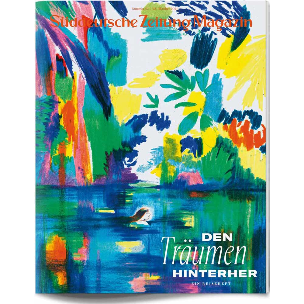 Magazinumschlag mit einer farbenfrohen abstrakten Landschaft, einem Schwan auf dem Wasser und dem deutschen Text Den Träumen Hinterher.