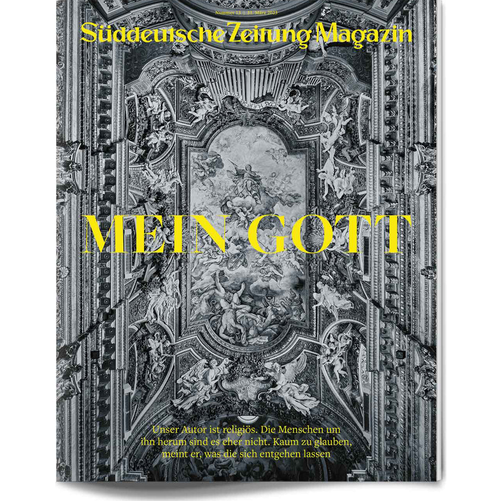 Magazinumschlag mit kunstvoller Deckenmalerei und dem fetten gelben Text MEIN GOTT in der Mitte.