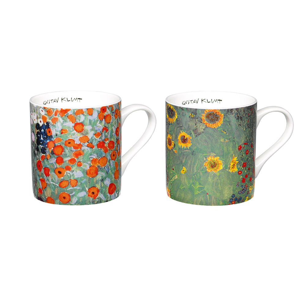 Zwei Tassen mit farbenfrohen Blumenmotiven, inspiriert von Gustav Klimt, jede mit einer anderen Gartenszene.