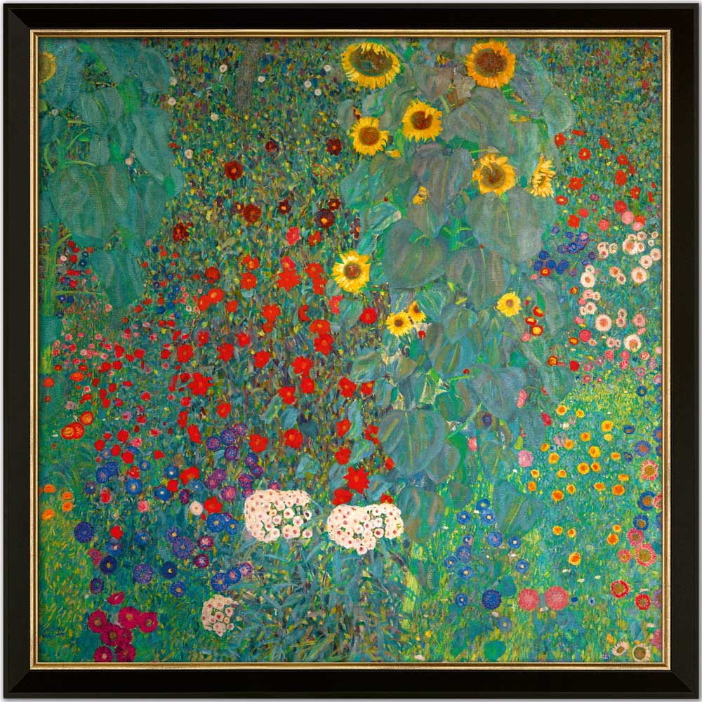 Gerahmtes Gemälde eines farbenfrohen Blumengartens mit Sonnenblumen und verschiedenen leuchtenden Blüten.