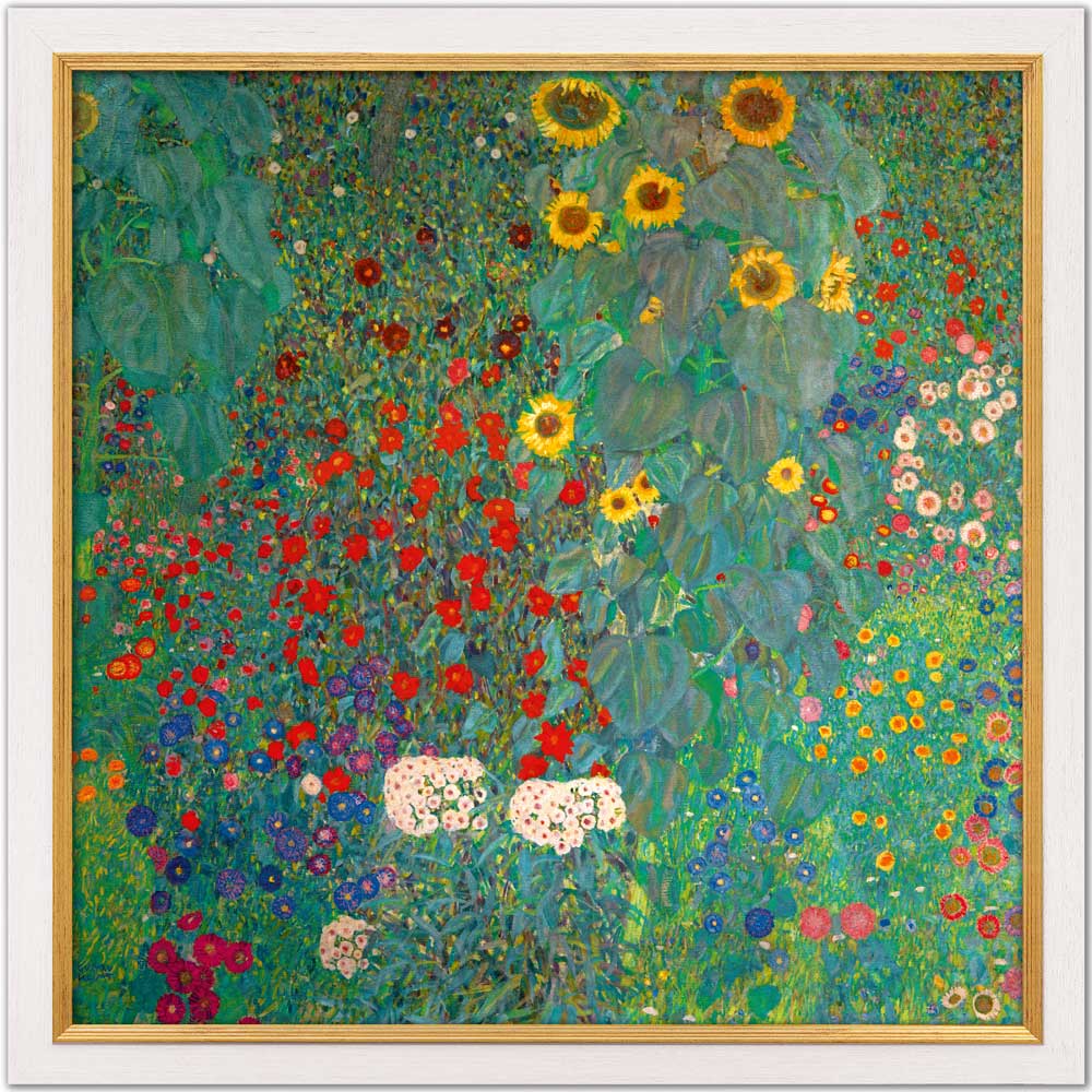 Farbenfrohe Gartenszene mit Sonnenblumen, roten, rosa und violetten Blumen und grünen Blättern auf lebendigem Hintergrund.