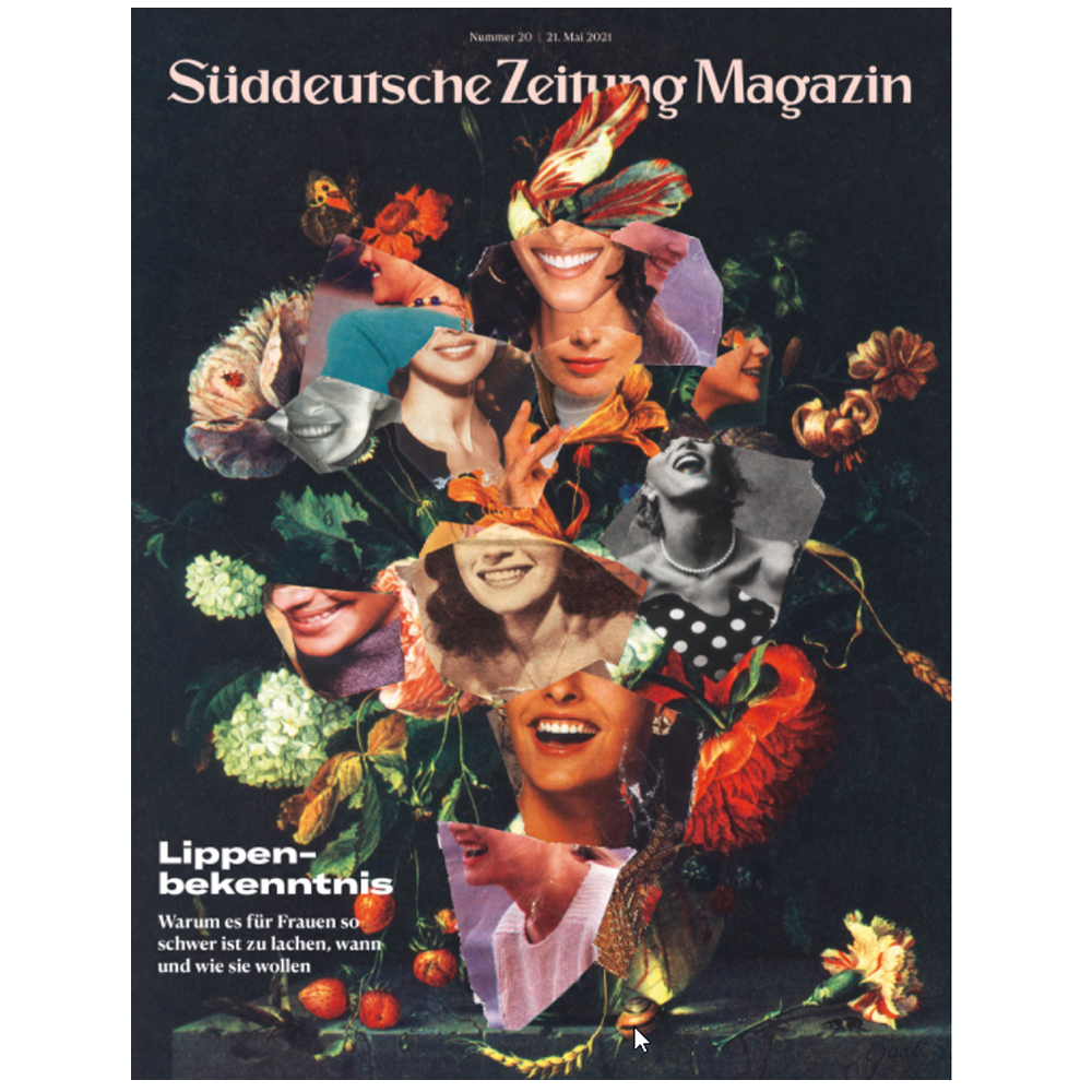 Eine Collage von lächelnden Frauenmündern auf einem dunklen, geblümten Hintergrund, mit deutschem Zeitschriftentext.