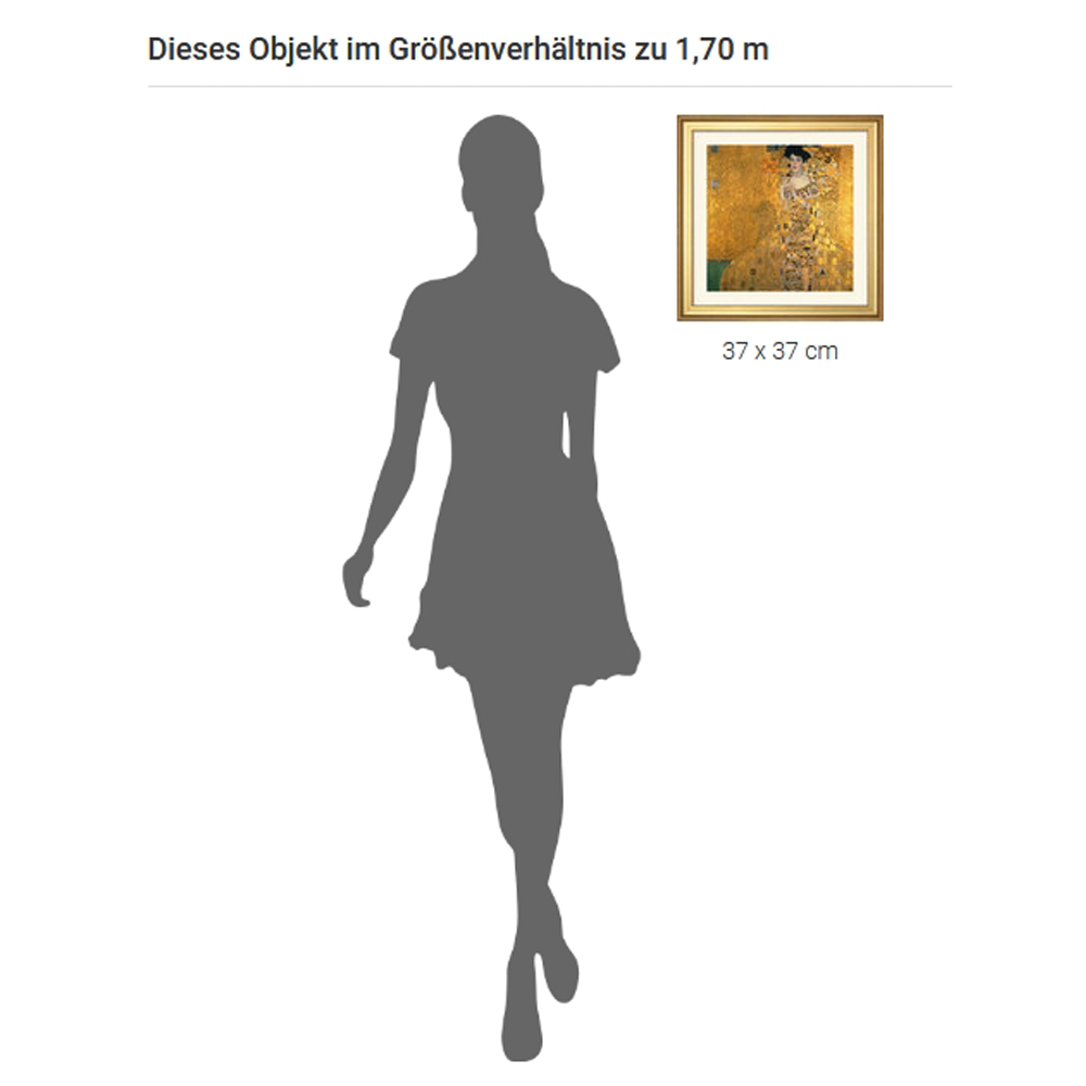 Silhouette einer Frau neben einem gerahmten Kunstwerk im Maß 37 x 37 cm zum Größenvergleich.