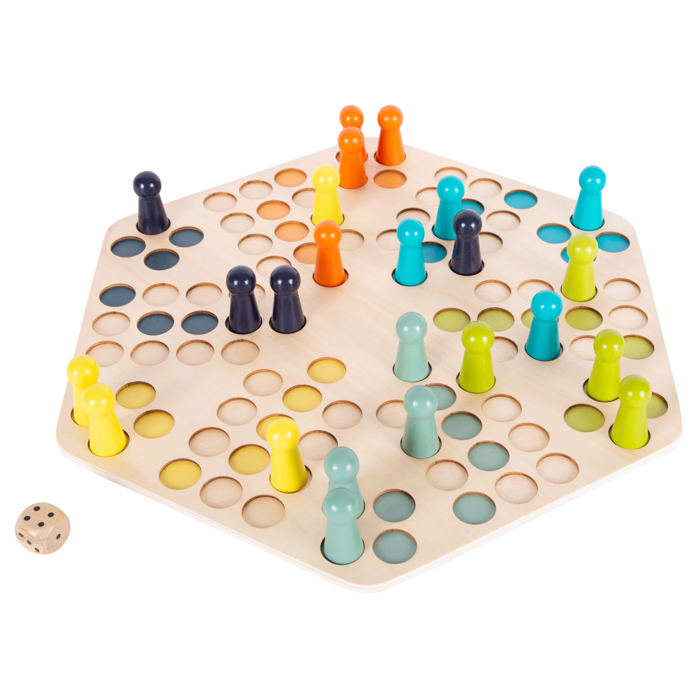 Ludo für 6 Spieler ist ein sechseckiges Holzbrettspiel für sechs Spieler mit bunten Spielsteinen und einem Würfel – ähnlich wie Halma.