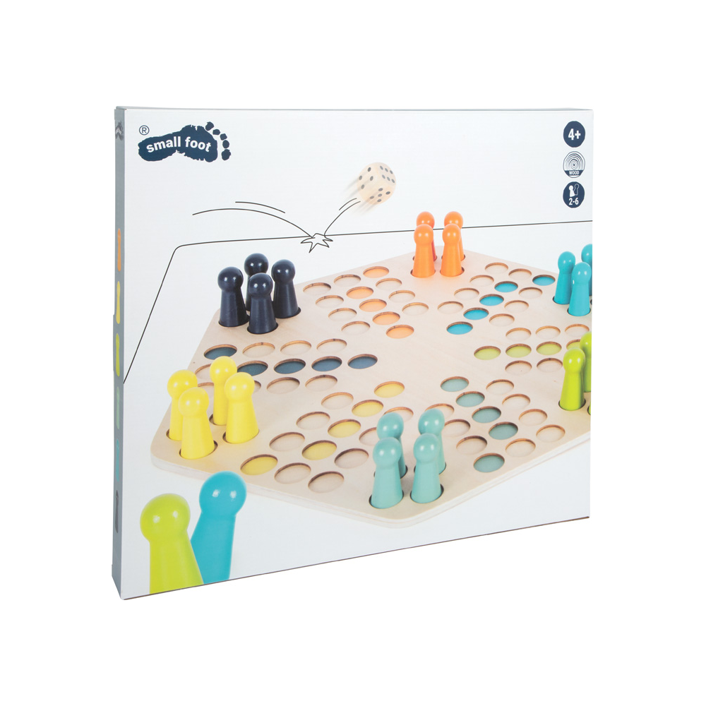 Ludo für 6 Spieler verfügt über ein sechseckiges Spielbrett, bunte Holzstifte und einen weißen Würfel auf dem Kartondeckel.