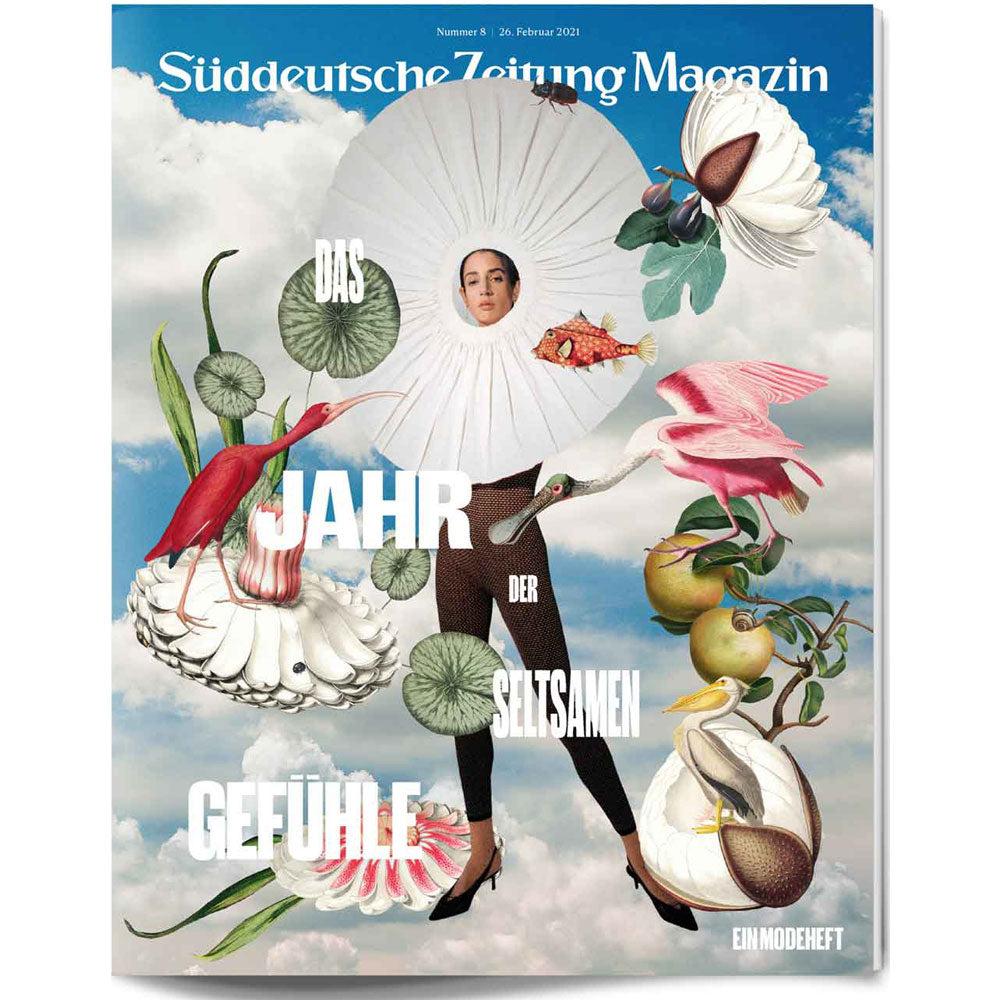 Ein surreales Magazin-Cover mit einer Frau in einer weißen Halskrause, umgeben von Blumen, Lebensmitteln und fettgedrucktem deutschen Text.