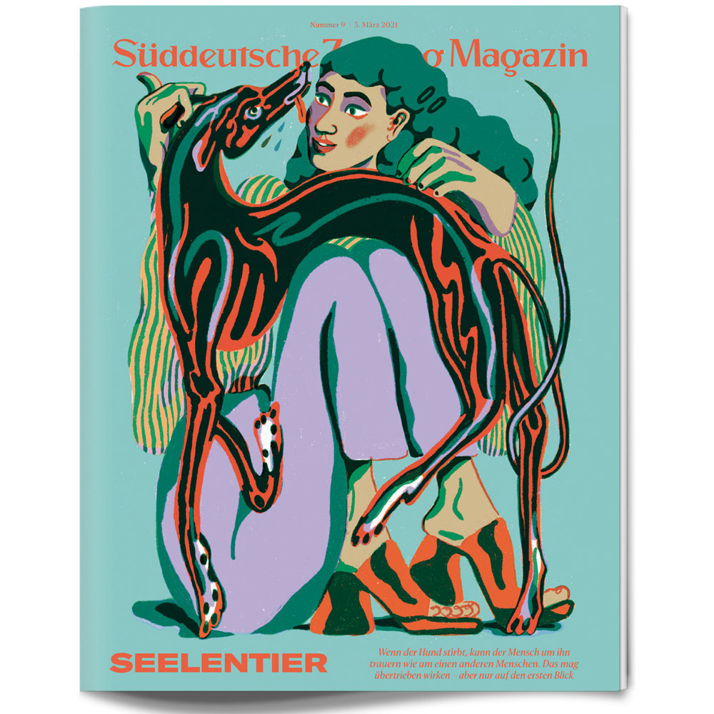 Illustrierte Person, die mit einem stilisierten schwarzen Hund auf der Titelseite des Süddeutsche Zeitung Magazins sitzt.