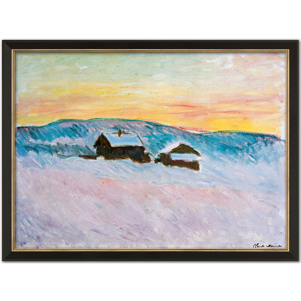 Impressionistisches Gemälde von verschneiten Häusern bei Sonnenuntergang mit buntem Himmel und Hügeln im Hintergrund.