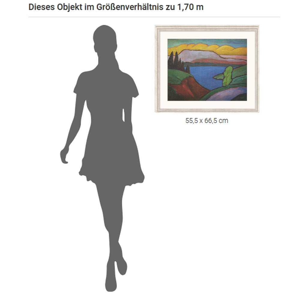 Silhouette einer Frau neben einem gerahmten Landschaftsgemälde, die Gemäldemaße sind unten aufgeführt.