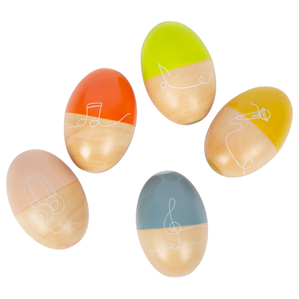 Das Rhythmus-Spielzeug „Groovy Beats“ von Musikeier umfasst fünf bunte Shaker-Eier aus Holz, die jeweils mit einem einzigartigen Musiksymbol oder einer Instrumentenillustration versehen sind.